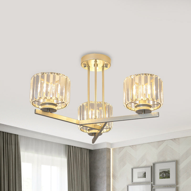 Gold 3/4-Light Semi Mount Lighting Modern Crystal Prism Short Cylinder Ceiling Flush Light