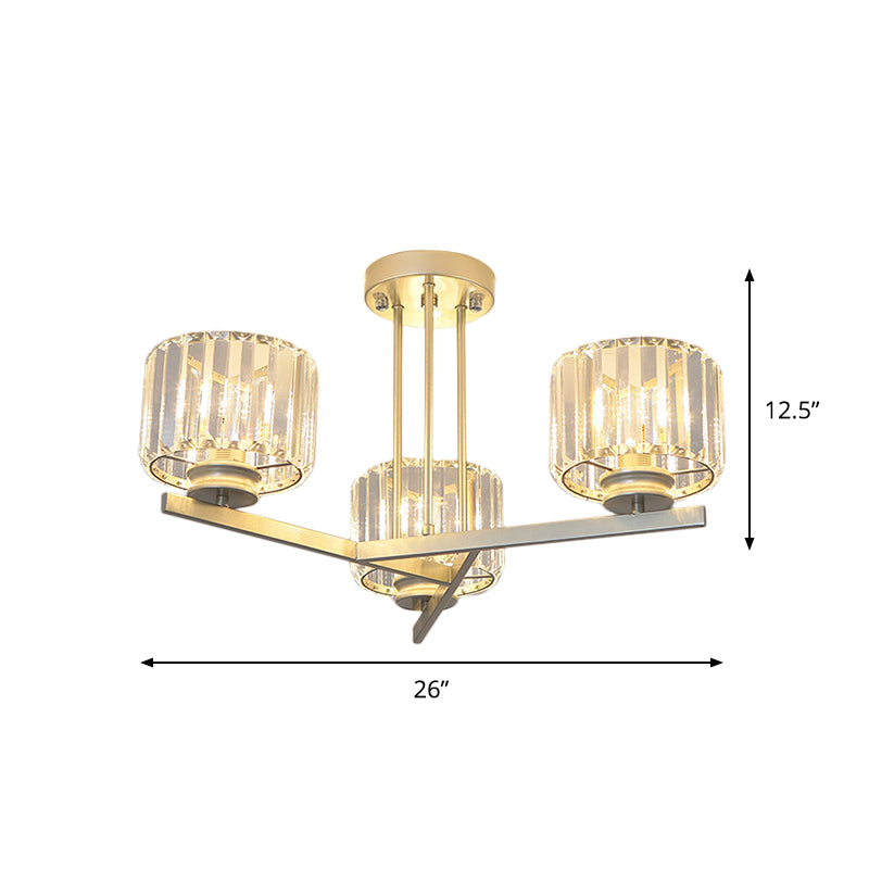 Gold 3/4-Light Semi Mount Lighting Modern Crystal Prism Short Cylinder Ceiling Flush Light