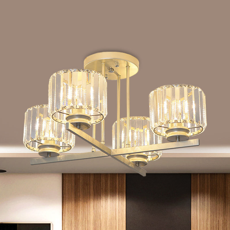 Gold 3/4-Light Semi Mount Lighting Modern Crystal Prism Short Cylinder Ceiling Flush Light