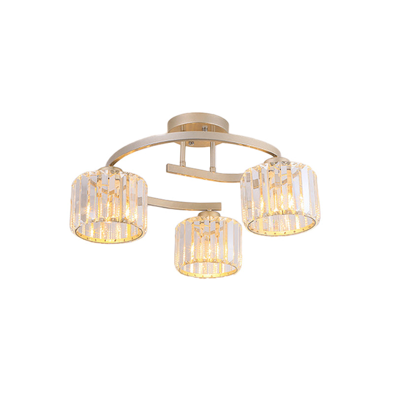 Crystal Prism Cup Semi Flush Chandelier Contemporary 3 Heads slaapkamer plafondmontage lamp met goud gebogen arm