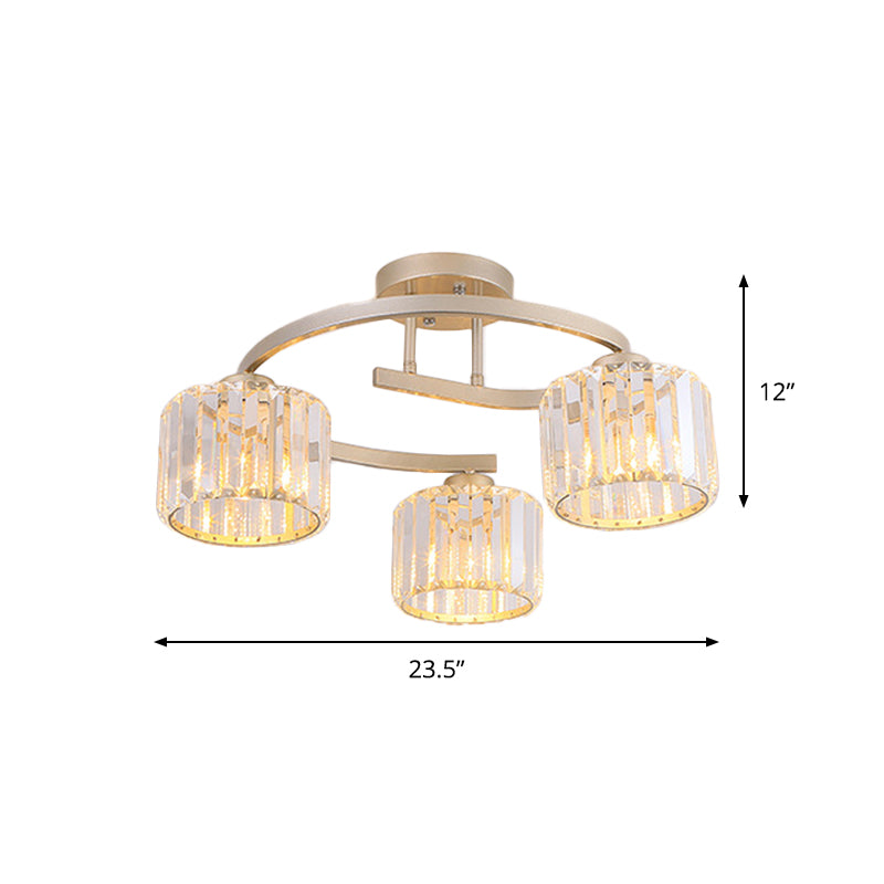 Crystal Prism Cup Semi Flush Chandelier Contemporary 3 Heads slaapkamer plafondmontage lamp met goud gebogen arm