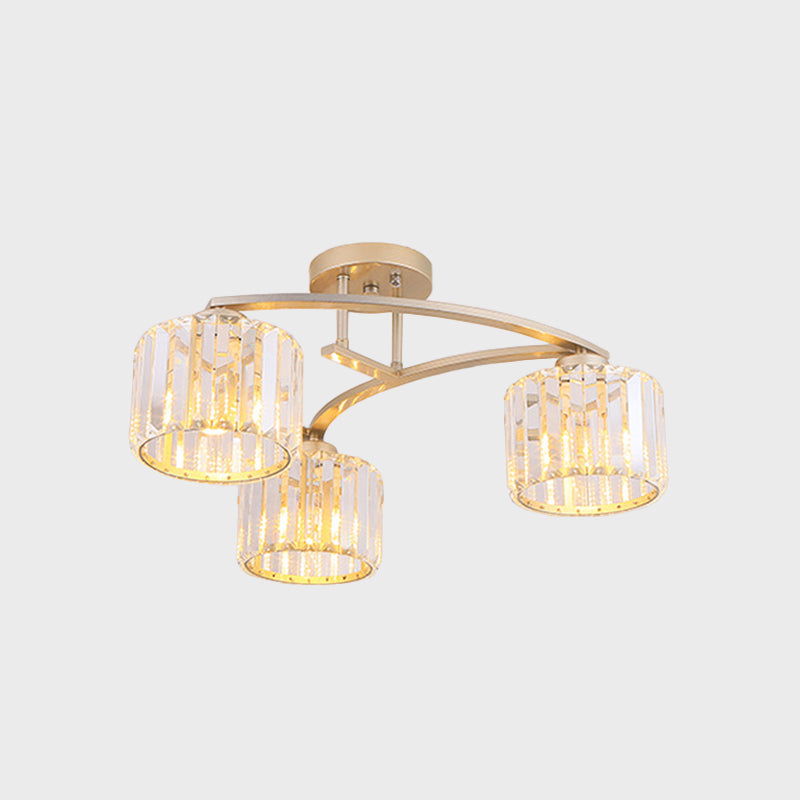 Gold V Arm Ceiling Mount Chandelier Postmodern Metal 3 Bulbs Restaurant Semi Flush Light with Crystal Shade