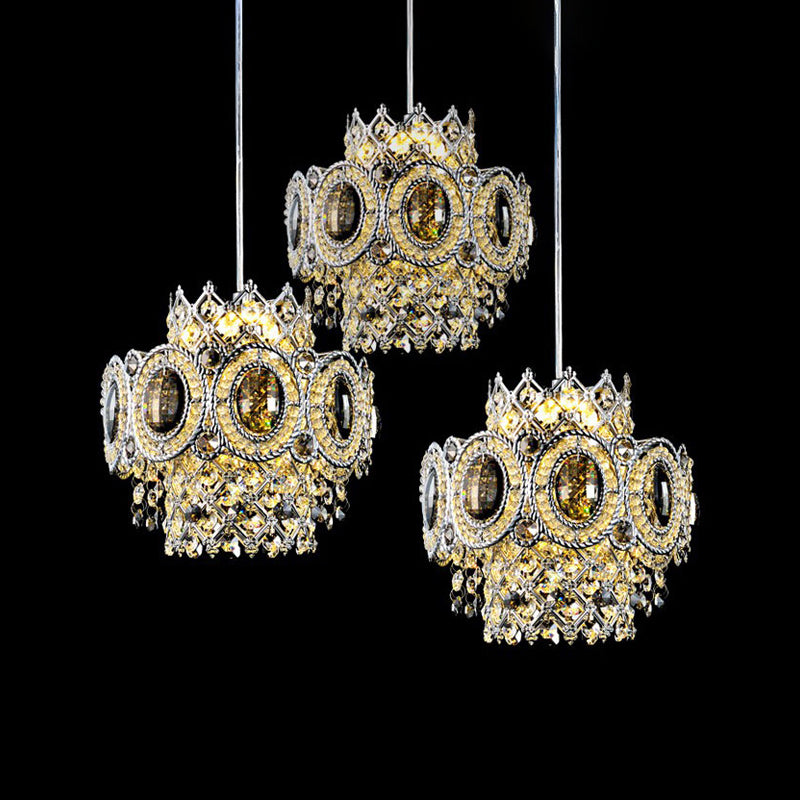 Moderne Blumenschichthubpendellampe 3 Lampenkristall Multiple hängende Licht in Chrom