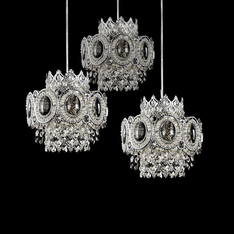 Moderne Blumenschichthubpendellampe 3 Lampenkristall Multiple hängende Licht in Chrom