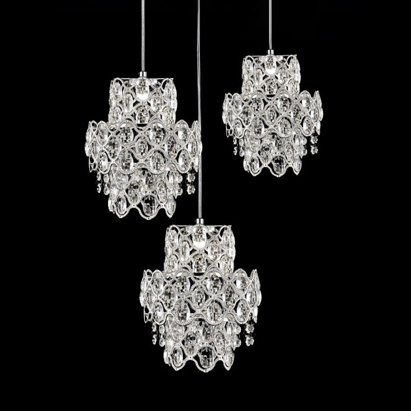 3 Heads 2-Layer Multi Pendant Modern Clear Beveled Crystal Hanging Light Fixture