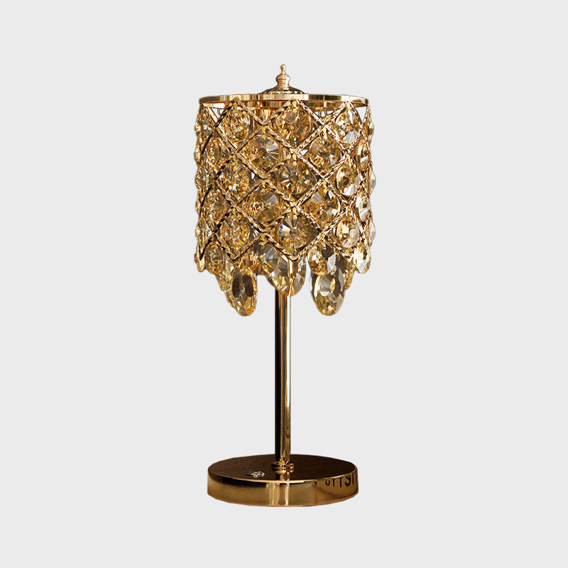 Crisscrossed Cylinder Lounge Table Lamp Modernist Crystal Clear/Champagne LED Night Stand Light