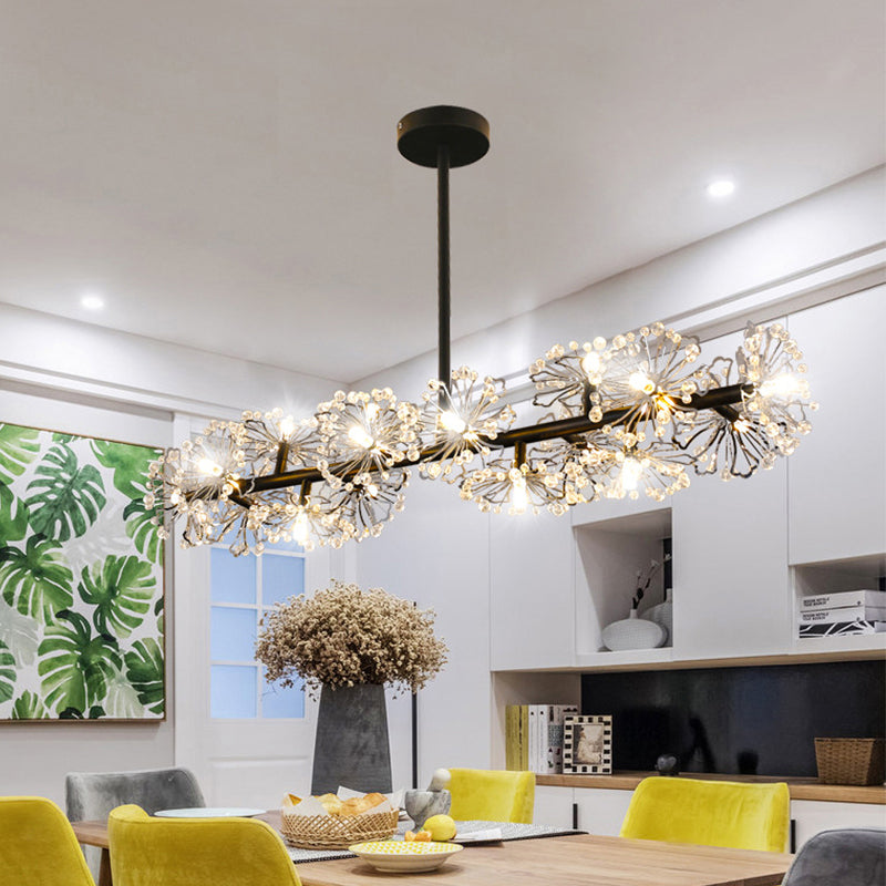 Crystal Bead Blossom Island Lamp Modern Stylish 16 Bulbs Dining Table Suspended Lighting Fixture in Black