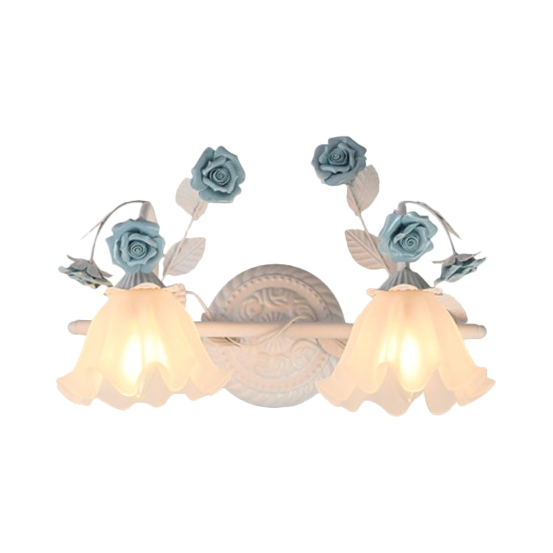 Ruffle Bathroom Wall Mount Light American Flower Frosted Glass 2/3-Head Pink/Blue Vanity Sconce