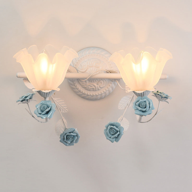 Ruffle Bathroom Wall Mount Light American Flower Frosted Glass 2/3-Head Pink/Blue Vanity Sconce