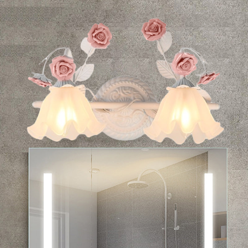 Ruffle Bathroom Wall Mount Light American Flower Frosted Glass 2/3-Head Pink/Blue Vanity Sconce