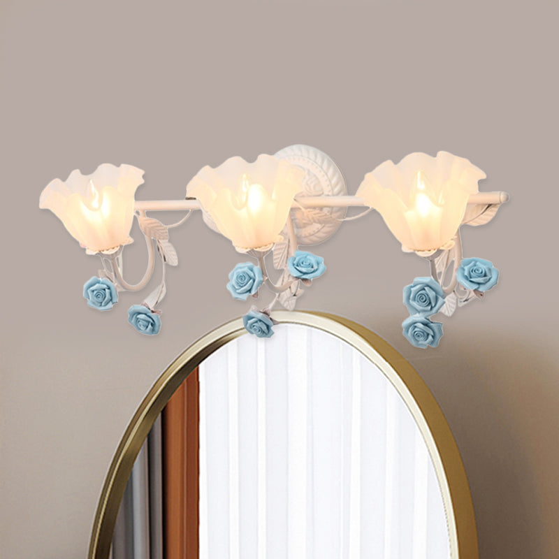 Ruffle Bathroom Wall Mount Light American Flower Frosted Glass 2/3-Head Pink/Blue Vanity Sconce