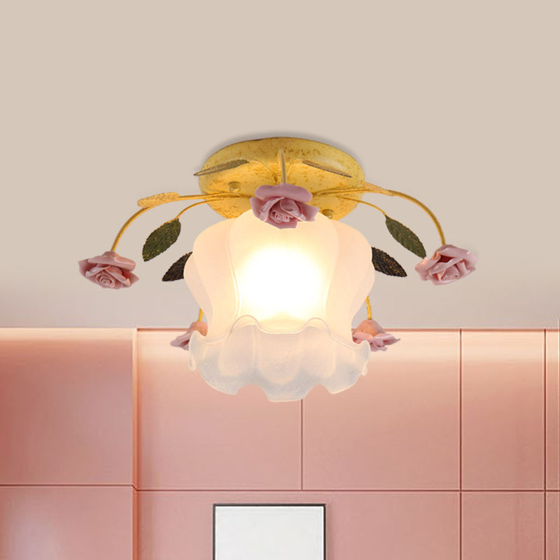 Flowerbud Cream Matte Glass Semi Flush Pastoral 1 Bulb Corridor Ceiling Mount Light in Yellow-Pink/White-Pink