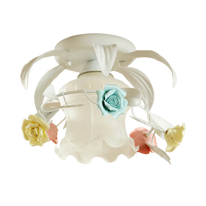 Single Flounce-Trim Semi Mount Lighting Korean Flower White/Green Frosted Glass Close to Ceiling Lamp