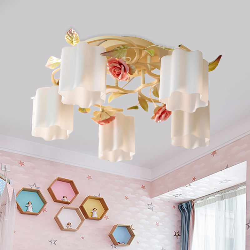 Plafond floral de 3/5 à tête rinçage romantique pastoral blanc / jaune en verre givré semi à chasse d'eau lustre