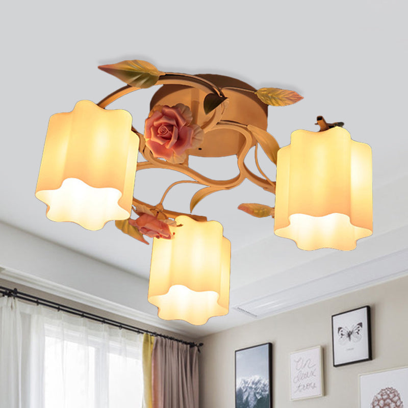 Plafond floral de 3/5 à tête rinçage romantique pastoral blanc / jaune en verre givré semi à chasse d'eau lustre