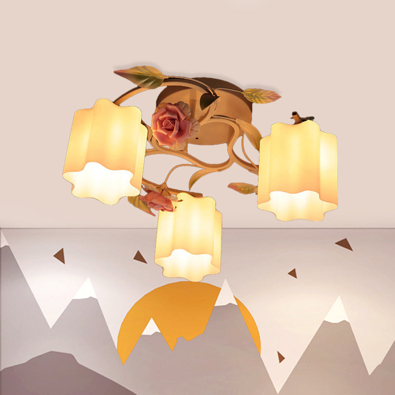 Plafond floral de 3/5 à tête rinçage romantique pastoral blanc / jaune en verre givré semi à chasse d'eau lustre