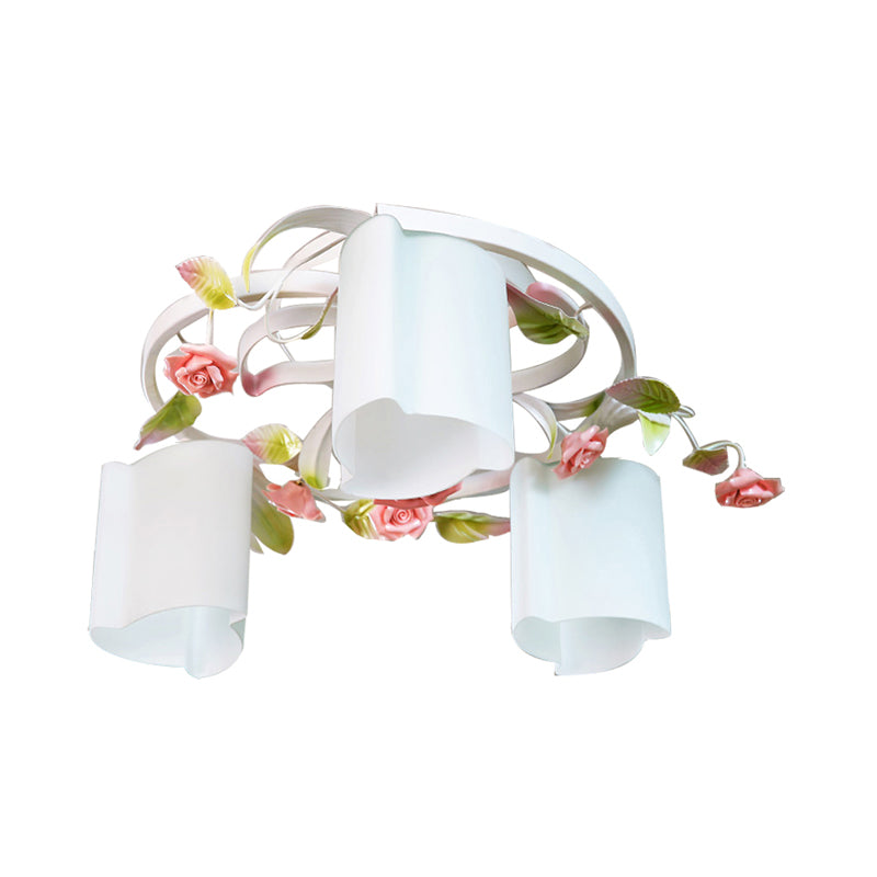 Plafond floral de 3/5 à tête rinçage romantique pastoral blanc / jaune en verre givré semi à chasse d'eau lustre
