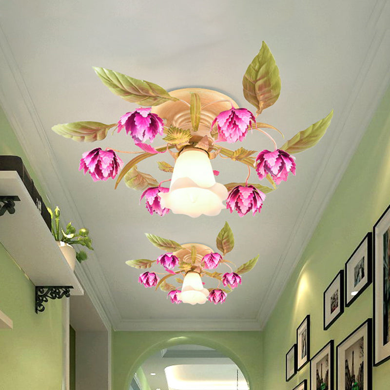 Rose Red 1/4-Bulb Ceiling Mount Light Korean Garden Frosted Glass Flowering Semi Flush Light Fixture for Corridor