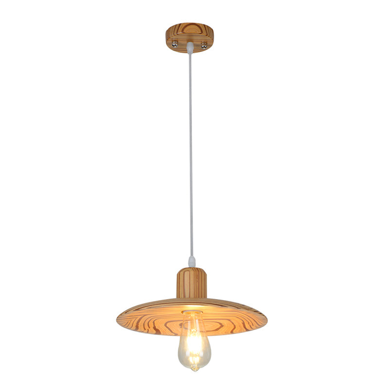 Wood Disk Shape Down Lighting Minimalist 1 Light Beige/Orange Red Hanging Pendant Lamp for Dining Room