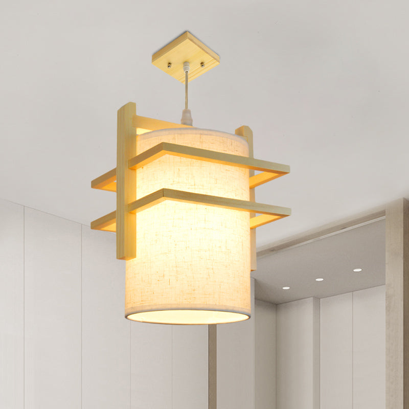 Fabric Cylindrical Hanging Lamp Kit Asian Style 1 Head Beige Ceiling Suspension Light with Wood Shelf