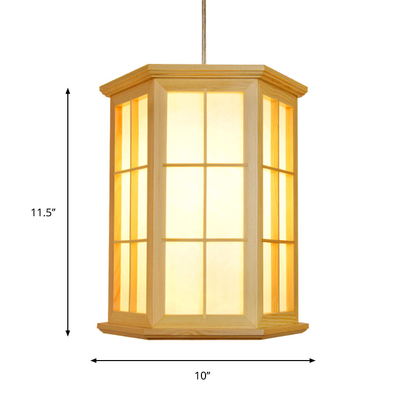 Wood Hexagon Pendulum Light Japanese Style 1-Head Hanging Ceiling Lamp in Beige for Tea Room