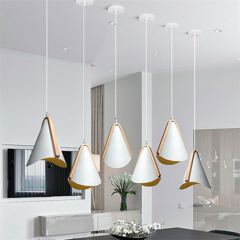 White-Wood Conic Drop Pendant Modernism 1-Bulb Metal Suspension Light over Dining Table