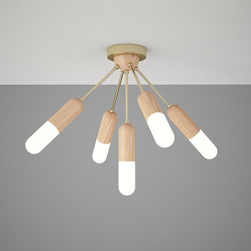 Wood Capsule Semi Mount Lighting Modernism 3/5-Light Beige Close to Ceiling Lamp for Bedroom
