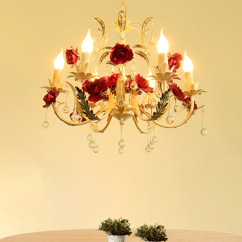 Beige 6 Bulbs Chandelier Light Rustic Iron Candlestick Pendant Lamp with Crystal Drop