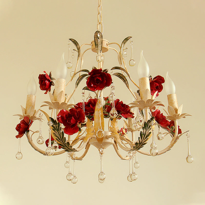 Beige 6 Bulbs Chandelier Light Rustic Iron Candlestick Pendant Lamp with Crystal Drop