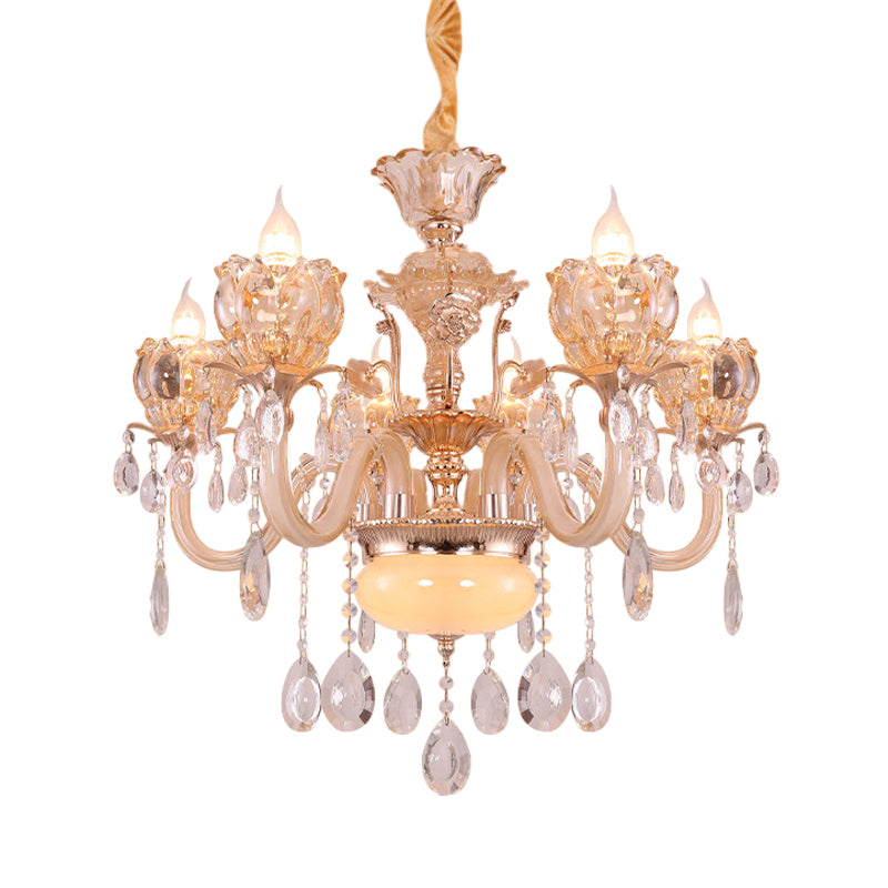Gold Candle Chandelier Lamp Modern Amber Glass 6/8 Bulbs Living Room Pendant with Crystal Drop