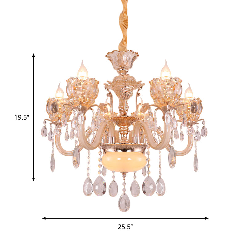 Gold Candle Chandelier Lamp Modern Amber Glass 6/8 Bulbs Living Room Pendant with Crystal Drop