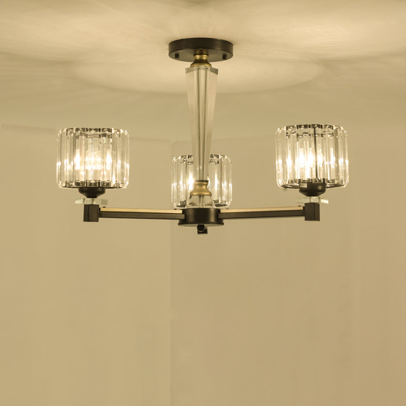 Iluminación de semi de montaje de cilindro moderno 3 Bombullas Bloque de cristal transparente Flexión de luz en negro