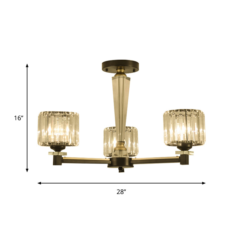 Iluminación de semi de montaje de cilindro moderno 3 Bombullas Bloque de cristal transparente Flexión de luz en negro