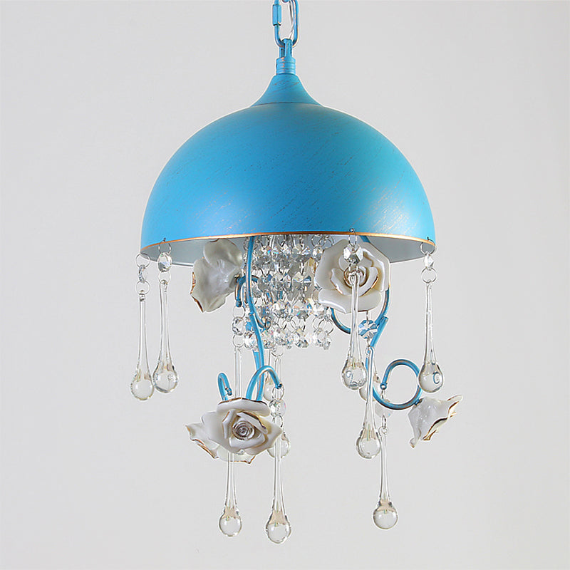 3 Bulbs Dome Chandelier Blue Iron Pendant Lighting with Rose Decor and Clear Crystal Drop