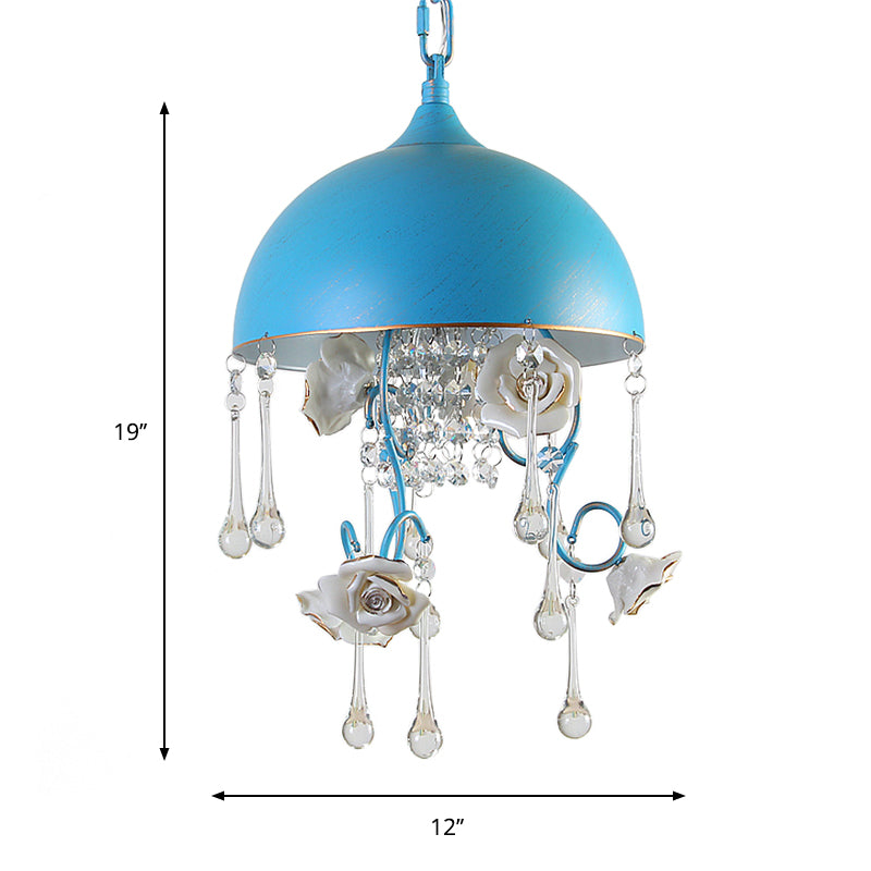 3 Bulbs Dome Chandelier Blue Iron Pendant Lighting with Rose Decor and Clear Crystal Drop