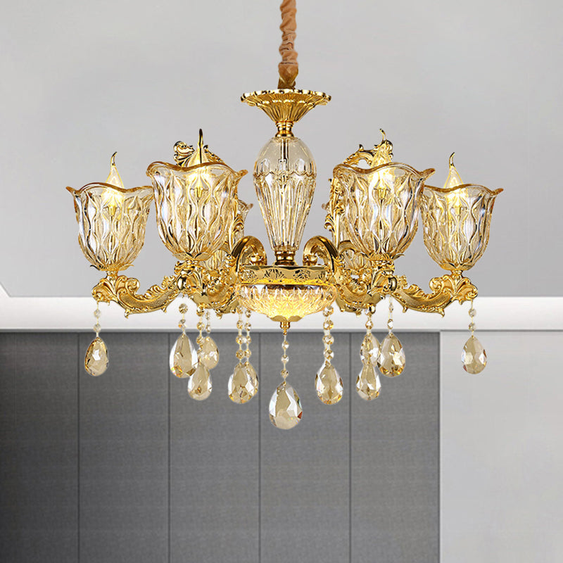 Champagne 6/8 Heads Chandelier Modernism Amber Crystal Flower Hanging Light Fixture with Carved Arm