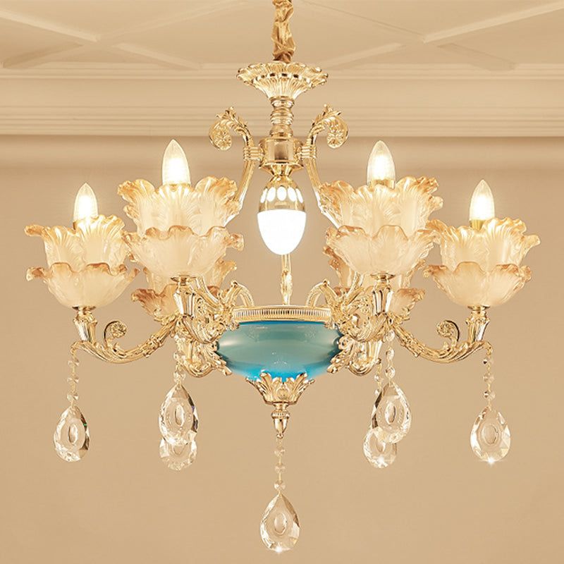 Gold Floral Chandelier Lighting Mid Century Frosted Glass 6/8 Heads Bedroom Pendant with Crystal Drop