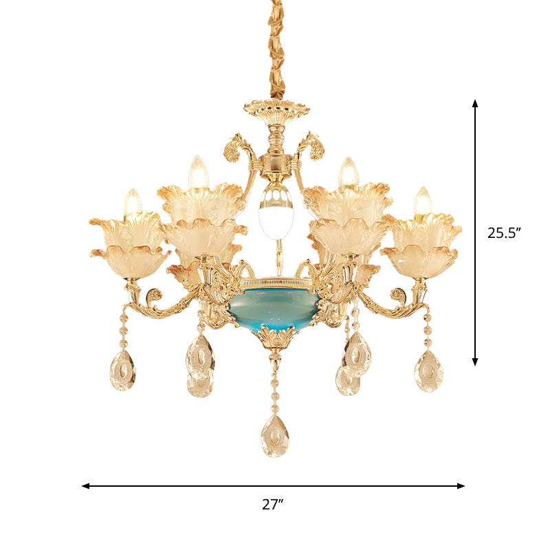 Gold Floral Chandelier Lighting Mid Century Frosted Glass 6/8 Heads Bedroom Pendant with Crystal Drop