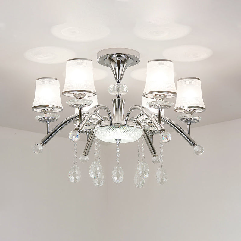 Modernismo Bell Semi Flush Mount de 6 bombas Luz de alza de vidrio esmerilado en cromo con caída de cristal