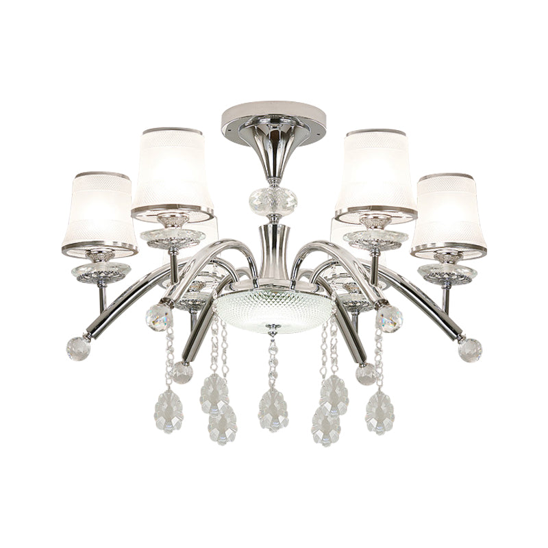 Modernismo Bell Semi Flush Mount de 6 bombas Luz de alza de vidrio esmerilado en cromo con caída de cristal