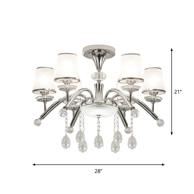 Modernismo Bell Semi Flush Mount de 6 bombas Luz de alza de vidrio esmerilado en cromo con caída de cristal