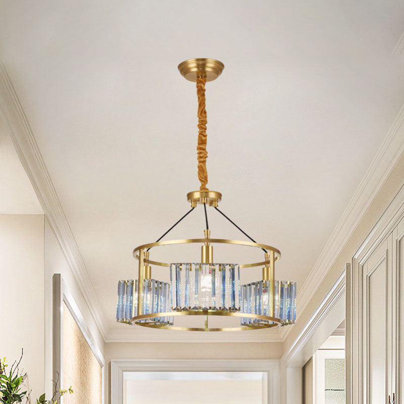 Modern Circular Pendant Chandelier 3-Bulb Crystal Block Hanging Ceiling Light in Brass