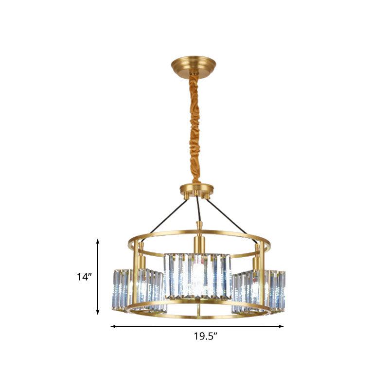 Modern Circular Pendant Chandelier 3-Bulb Crystal Block Hanging Ceiling Light in Brass