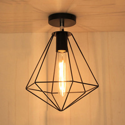 Retro Style Diamond Cage Ceiling Lamp 1 Light Metallic Semi Flush Mount Light in Black for Kitchen
