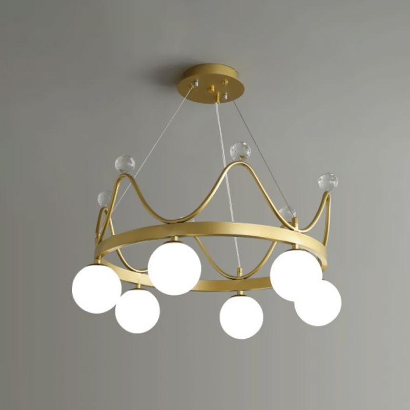 Crown Iron Chandelier Lighting Kid 6 Bollen roze/gouden hanglamp met orb -glazen schaduw en kristal eindelijk