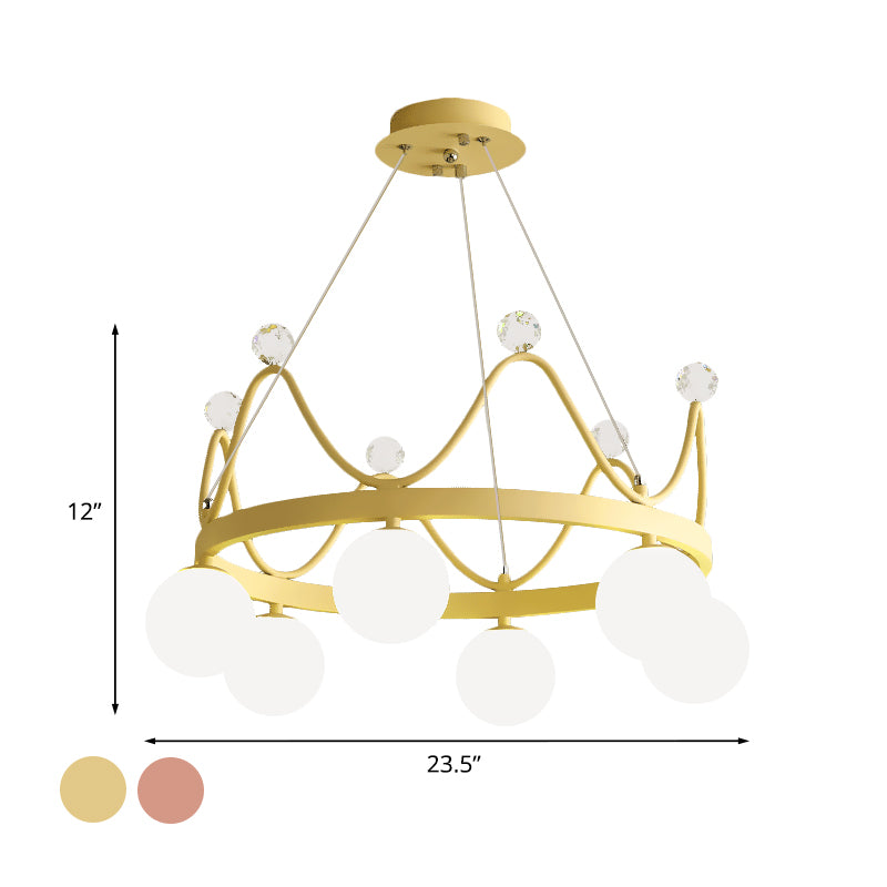 Crown Iron Chandelier Lighting Kid 6 Bollen roze/gouden hanglamp met orb -glazen schaduw en kristal eindelijk
