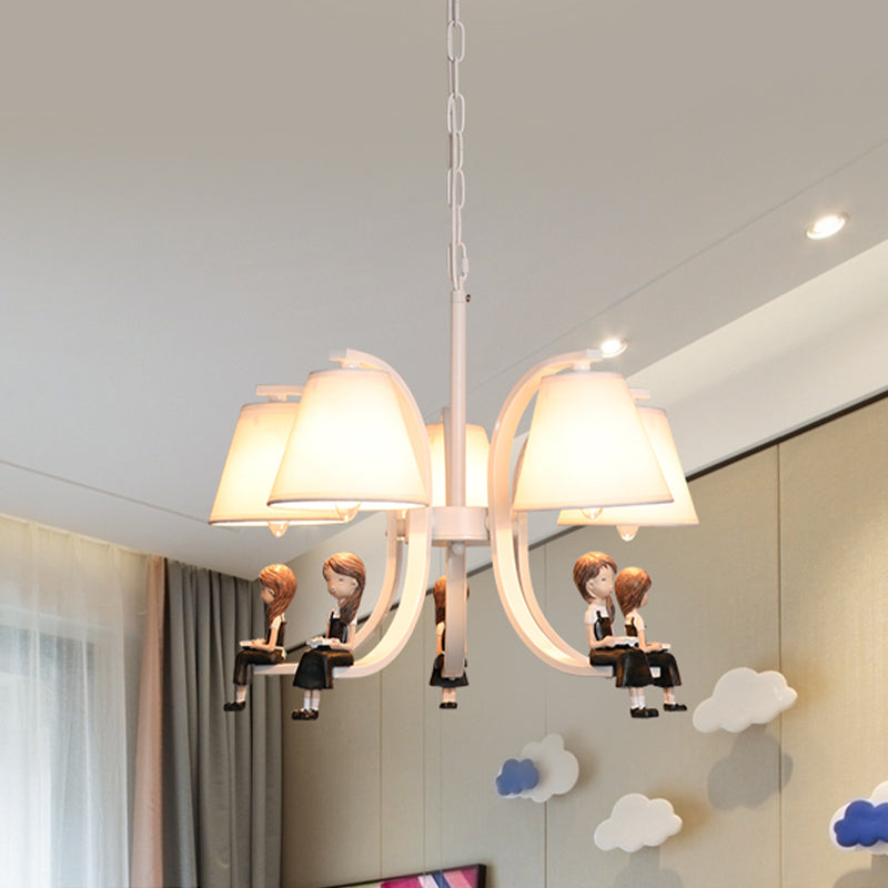 Girl/Boy Statue Suspension Light Kids Iron 5-Bulb Bedroom Pendant Chandelier with Cone Fabric Lampshade in White