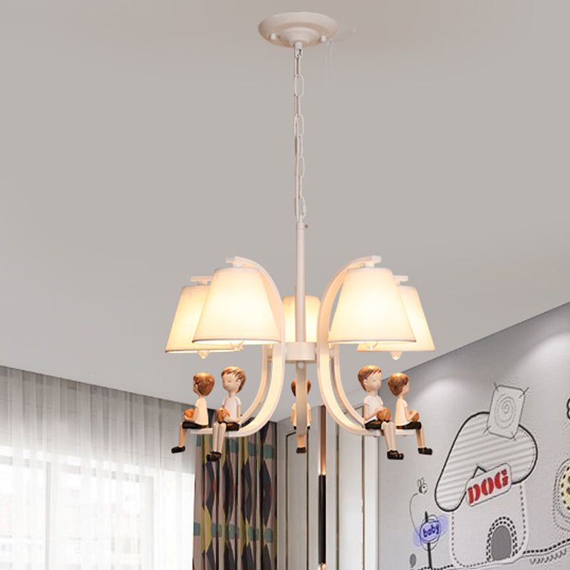 Girl/Boy Statue Suspension Light Kids Iron 5-Bulb Bedroom Pendant Chandelier with Cone Fabric Lampshade in White