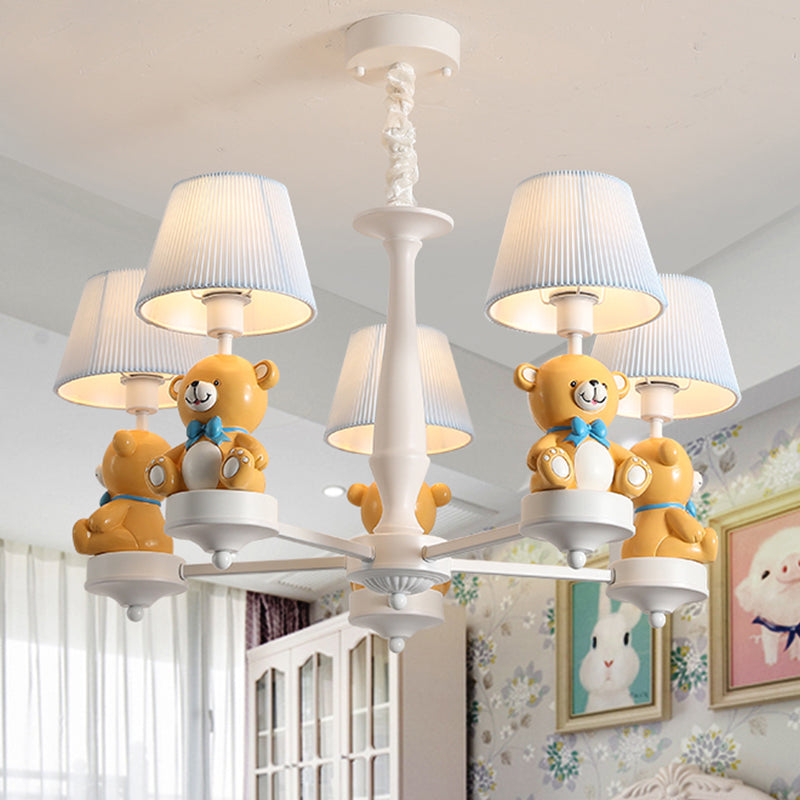 Pleated Fabric Tapered Chandelier Cartoon 3/5-Bulb White Hanging Lamp with Bear Decoration