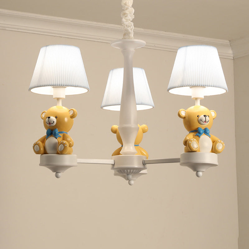 Pleated Fabric Tapered Chandelier Cartoon 3/5-Bulb White Hanging Lamp with Bear Decoration